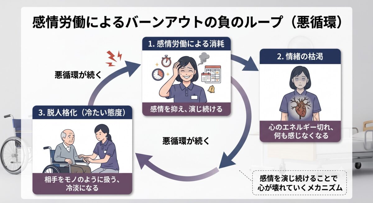 感情労働による消耗とバーンアウトの関係を示す図