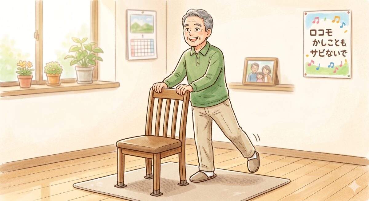 安定した支えにつかまりながら片脚立ちをする高齢者