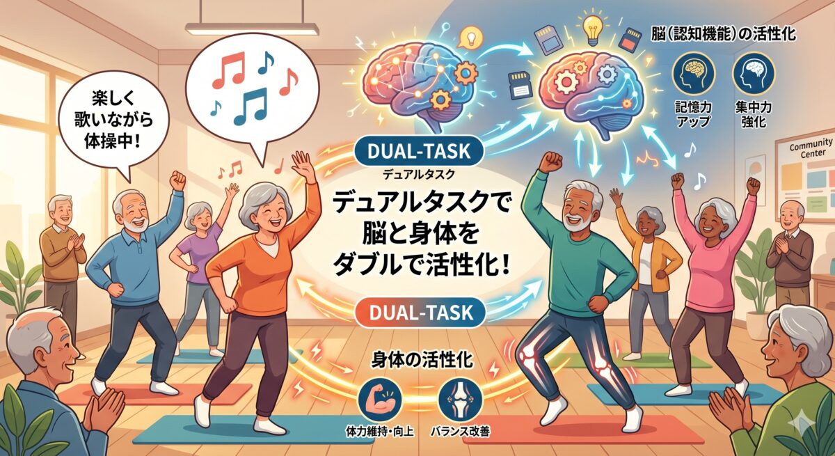 歌を口ずさみながら無理のない範囲で体を動かす高齢者