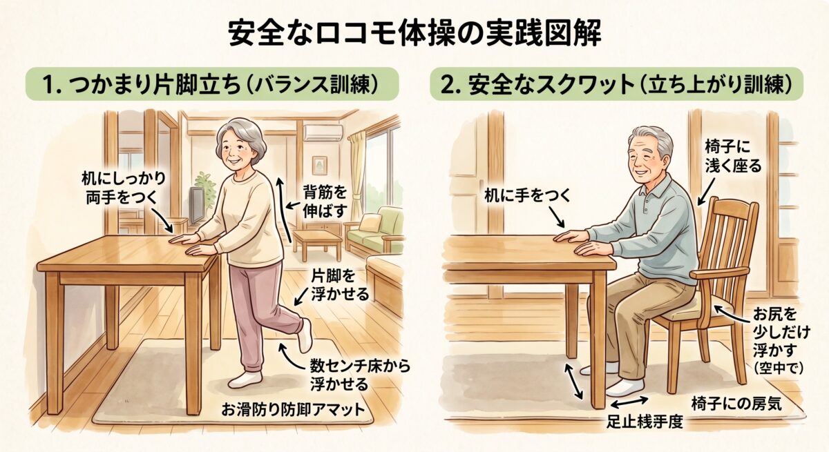 安定した机や椅子を使ってスクワットをする高齢者