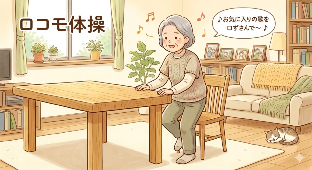 安定したテーブルを支えに無理なく体操する高齢者