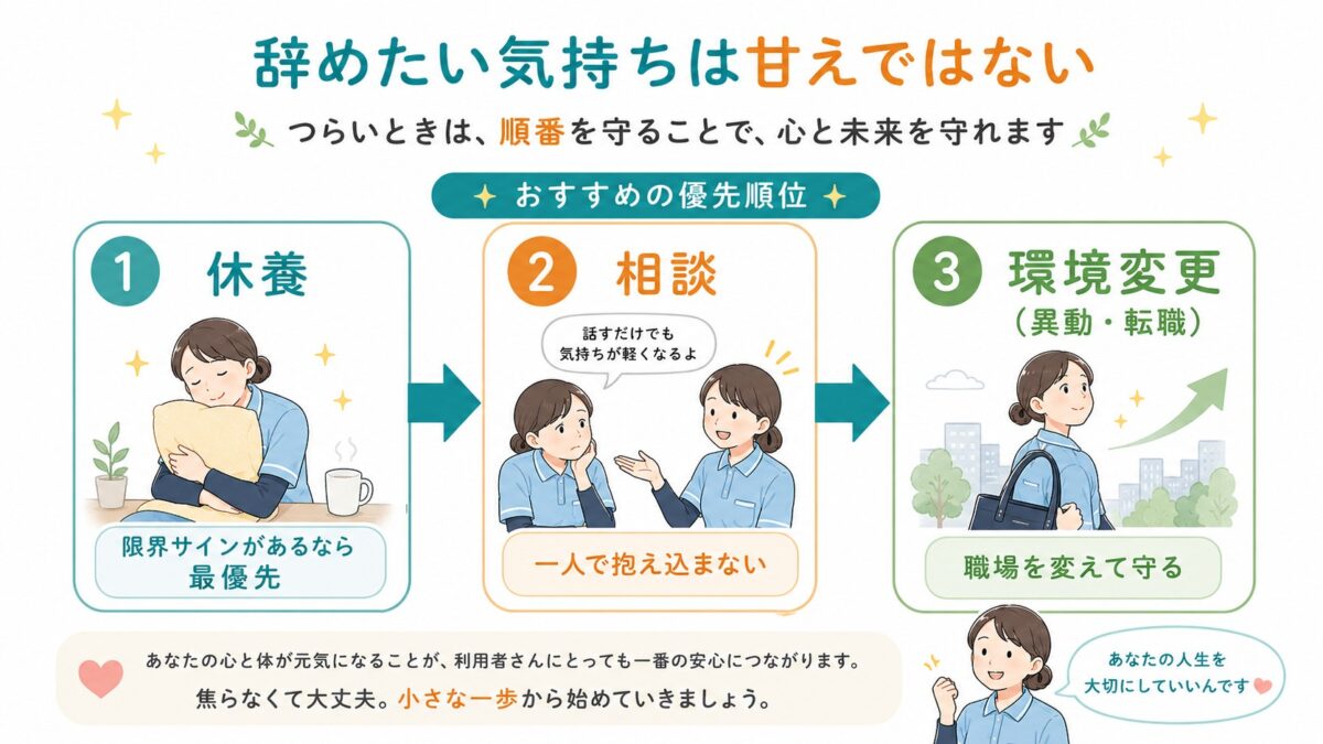休養、相談、環境変更の順に選択肢を考える図