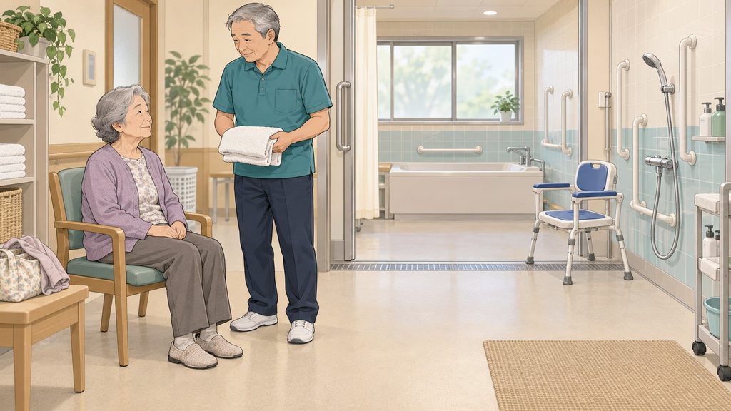 入浴介助では、着替え・足洗い・浴槽への誘導で中腰になる